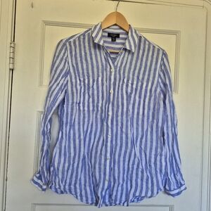 100% Linen Blue And White Striped Top By Lord And Taylor Petite Medium